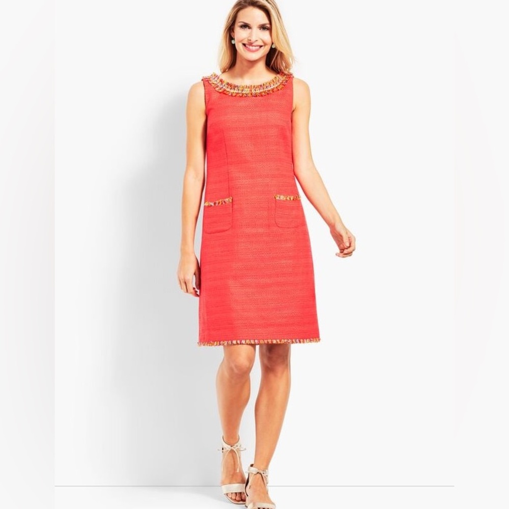 Talbots size 8 coral shift dress with colorful fringe.